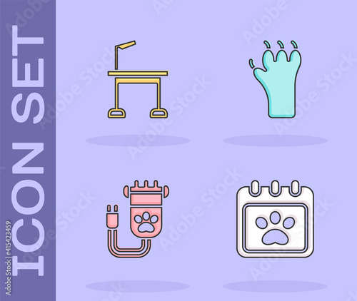 Set Calendar grooming, Pet table, Hair clipper pet and Paw print icon. Vector.