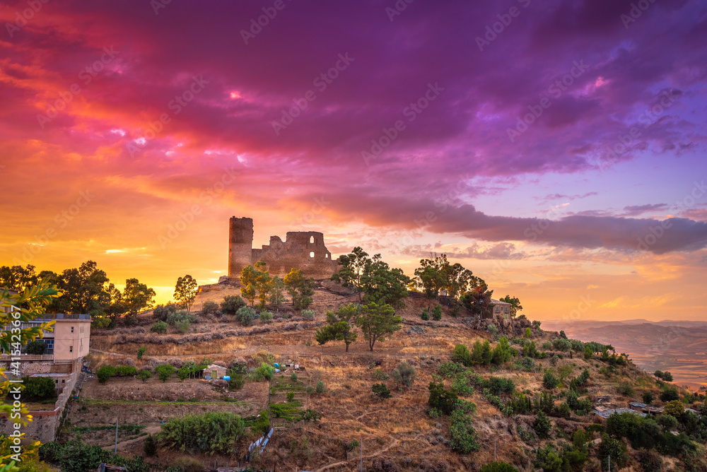 Mazzarino Medieval Castle at Sunset, Caltanissetta, Sicily, Italy, Europe