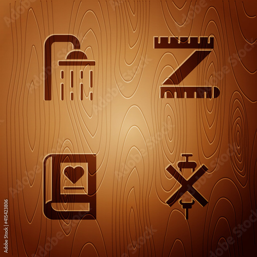 Set No doping syringe, Shower head, Medical book and Tape measure on wooden background. Vector.