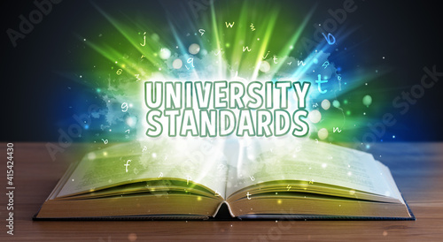 UNIVERSITY STANDARDS inscription coming out from an open book, educational concept