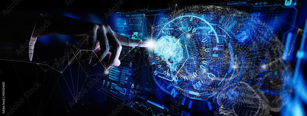 AR and Artificial intelligence (AI) with machine deep learning and data mining and another modern computer technologies UI by hand touching low poly icon. AR and Artificial intelligence (AI) with machine deep learning and data mining and another modern computer technologies UI by hand touching low poly icon.