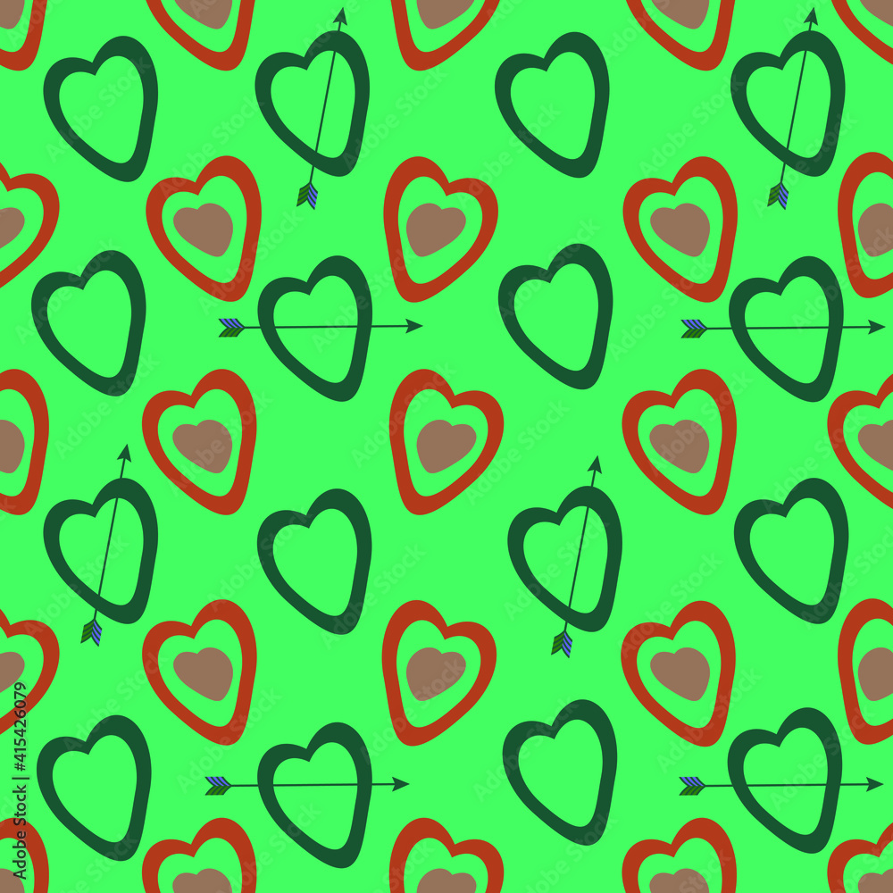 Seamless pattern with hearts on a green background. Drawing for March 8, Mother's Day. Love and friendship theme. For wallpapers, textiles, backgrounds, covers and packaging. Seamless pattern with hearts on a green background. Drawing for March 8, Mother's Day. Love and friendship theme. For wallpapers, textiles, backgrounds, covers and packaging.