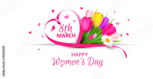 Women's day Banner - Paper slit with colorful tulips, heartshaped ribbon and heart confetti