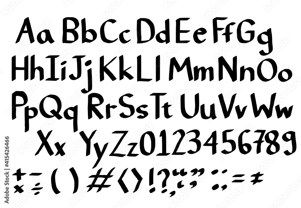 Set of letters.Hand drawn alphabet.English font and number.Sign from marker pen or brush. Set of letters.Hand drawn alphabet.English font and number.Sign from marker pen or brush.