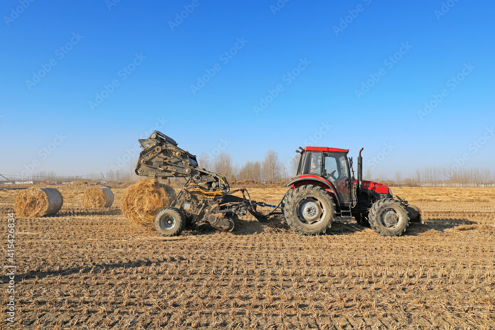 Fototapeta premium farmers use agricultural machinery to compress rice straw and bundle them on a farm, LUANNAN COUNTY, Hebei Province, China