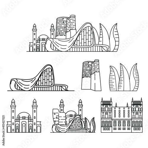 Baku city landmarks, vector outline buildings, simple icons, Azerbaijan illustration 