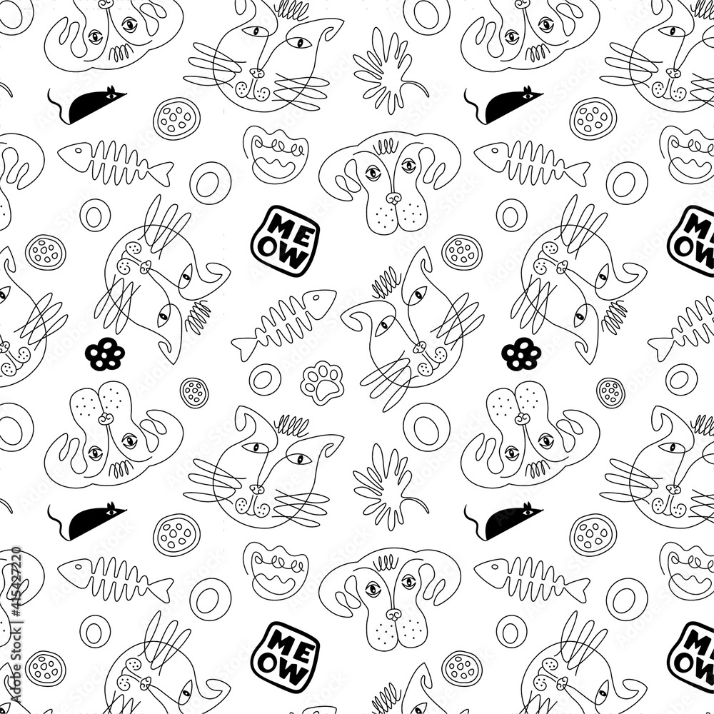 seamless pattern lineart surreal cats vector image