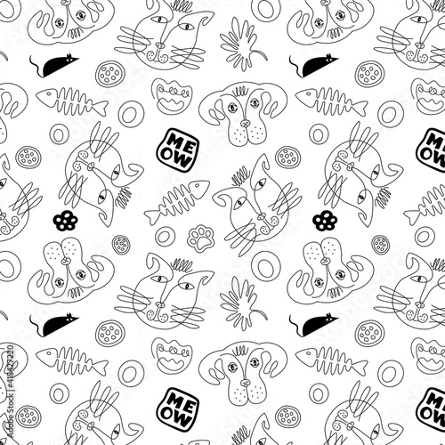 seamless pattern lineart surreal cats vector image