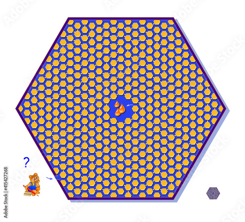 Logic puzzle game with labyrinth for children and adults. Help the little bear find the way to the honey between the combs. Worksheet for kids brain teaser book with maze. IQ test. Play online.