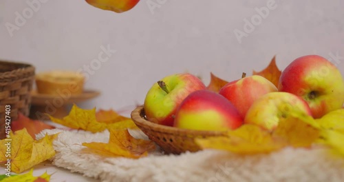 Red autumn apple falling on a basket of fruit harvest among leaves