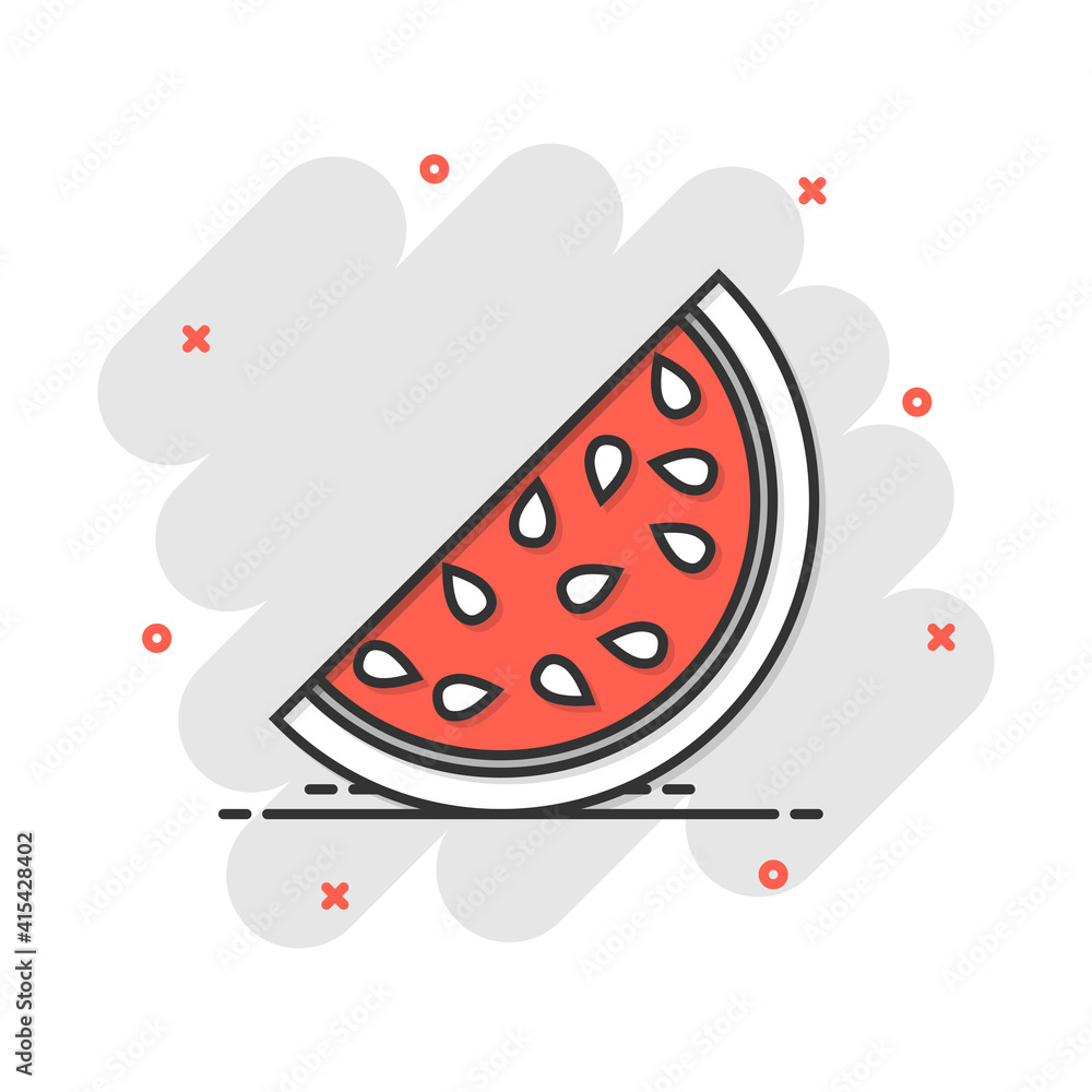 Cartoon watermelon icon in comic style. Juicy ripe fruit sign illustration pictogram. Dessert splash business concept. Cartoon watermelon icon in comic style. Juicy ripe fruit sign illustration pictogram. Dessert splash business concept.