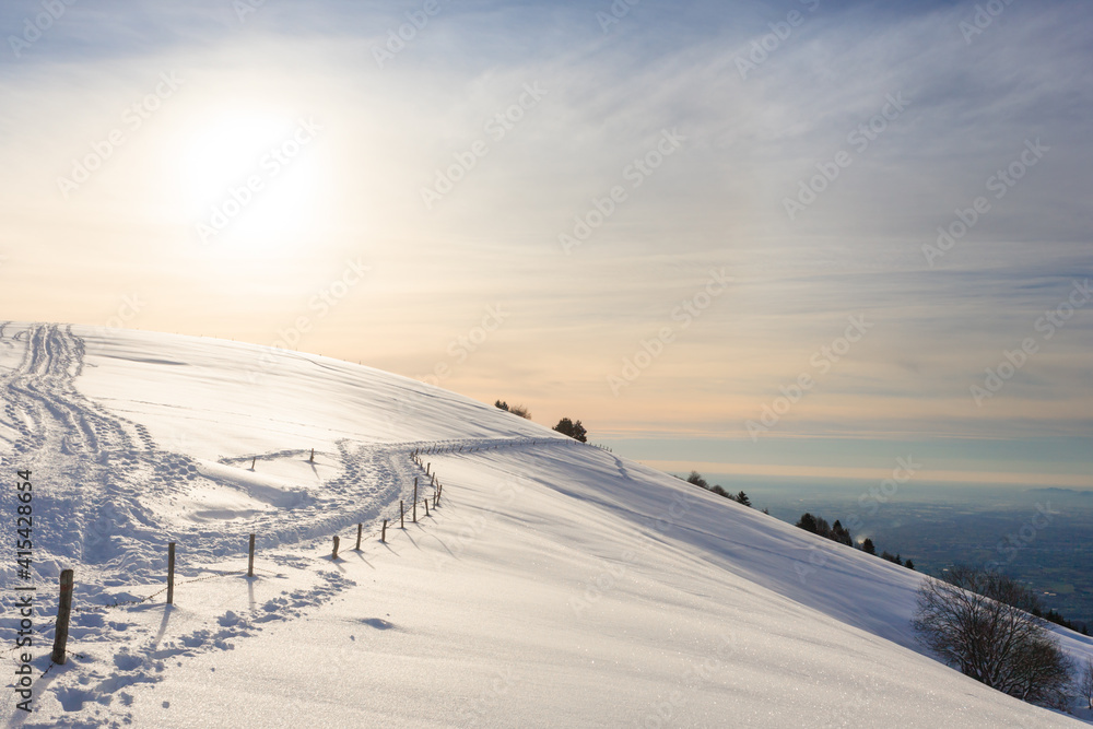 Winter landscape, trekking path covered by snow Winter landscape, trekking path covered by snow