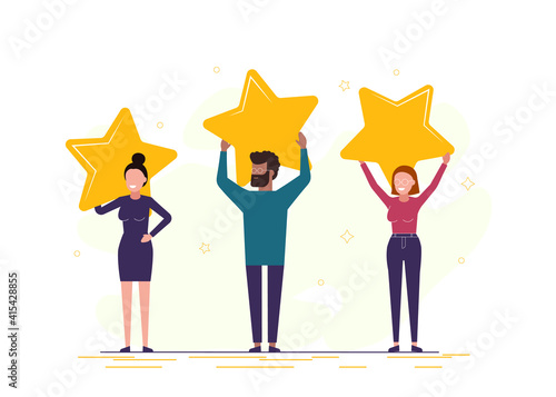 Office people holding the big Stars over their heads. Positive rating, quality work, feedback.