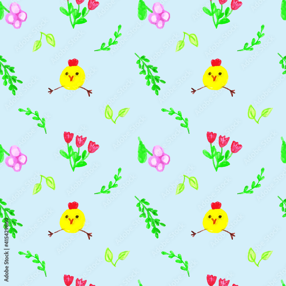 Cheerful chickens with flowers and foliage on a blue background. Cheerful chickens with flowers and foliage on a blue background.