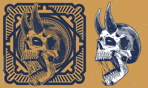 engrave skull with horn vintage illustration