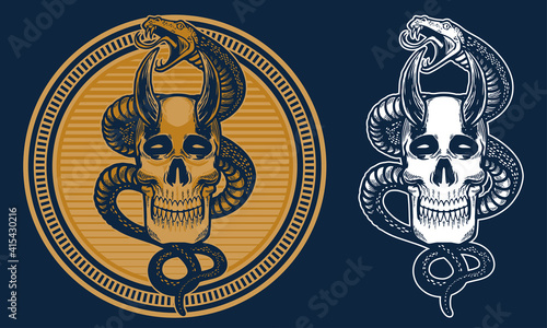 vintage skull and snake in circle line background illustration