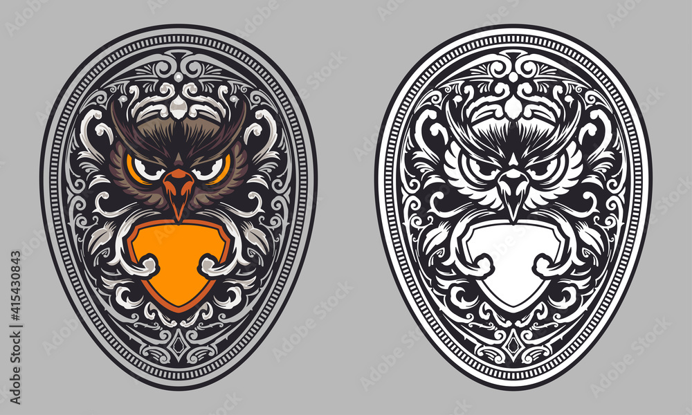 owl with shield and vintage ornament illustration