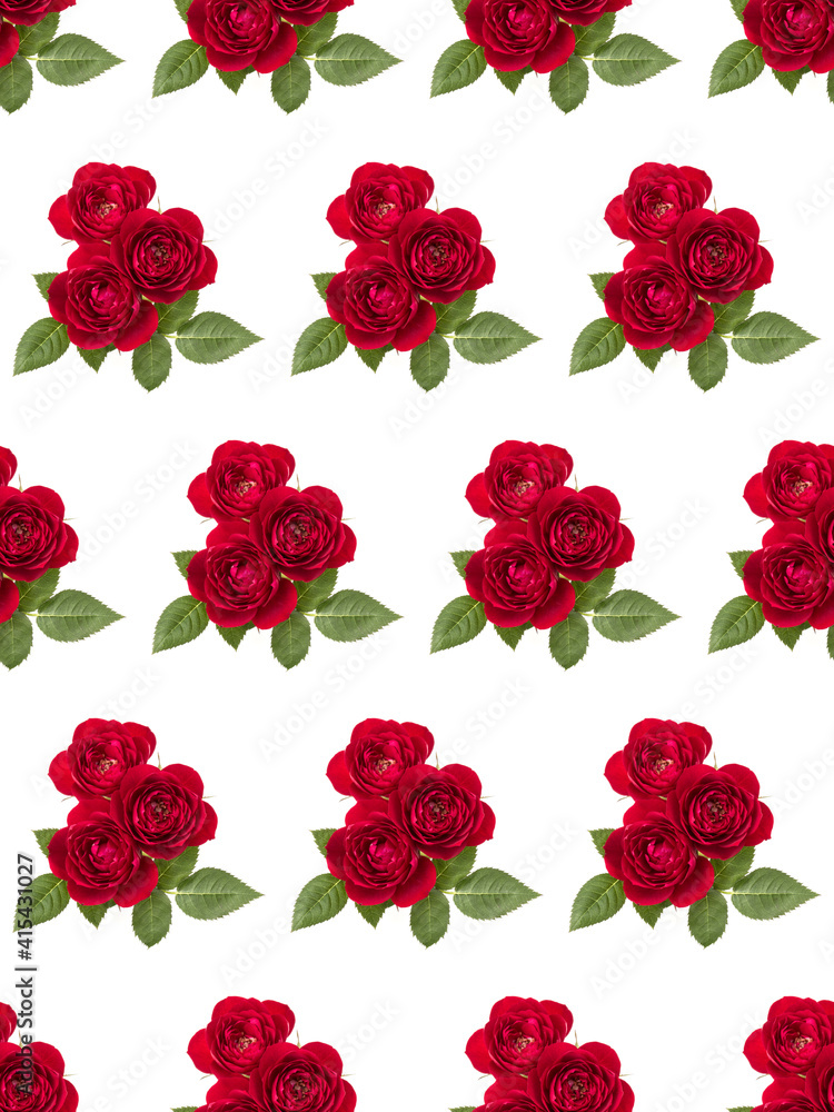 red rose flower bouquet with green leaves isolated on white background cutout. Floral seamless pattern.
