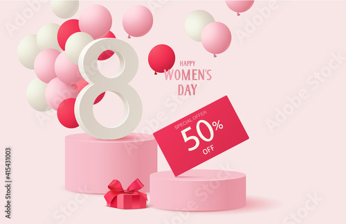 8 March. International Womens Day sales design template. Festive background with number 8, red and white balloon, gift box and discount price tag on pink round podium. Vector stock illustration.