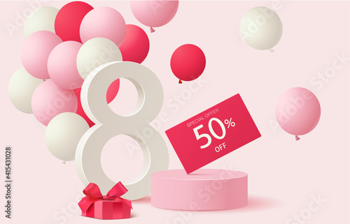 8 March. International Womens Day sales design template. Festive background with number 8, red and white balloon, gift box and discount price tag on pink round podium. Vector stock illustration.