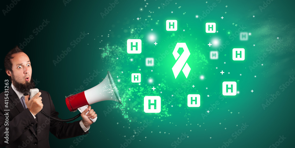 Young person shouting in megaphone and breast cancer icon, medical concept Young person shouting in megaphone and breast cancer icon, medical concept