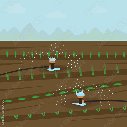 Automatic watering of plants in the garden. Equipment for reclamation of seedlings. The concept of carrying out field work in agriculture. Irrigation of the soil. Vector illustration. Flat style.