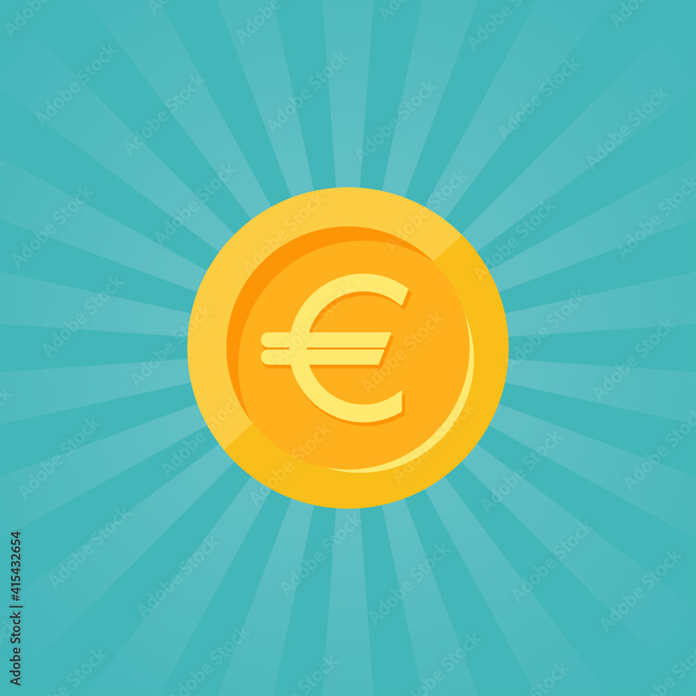 Obraz premium Gold euro coin with rays. Flat icon. Isolated on blue. Economy, finance, money pictogram.