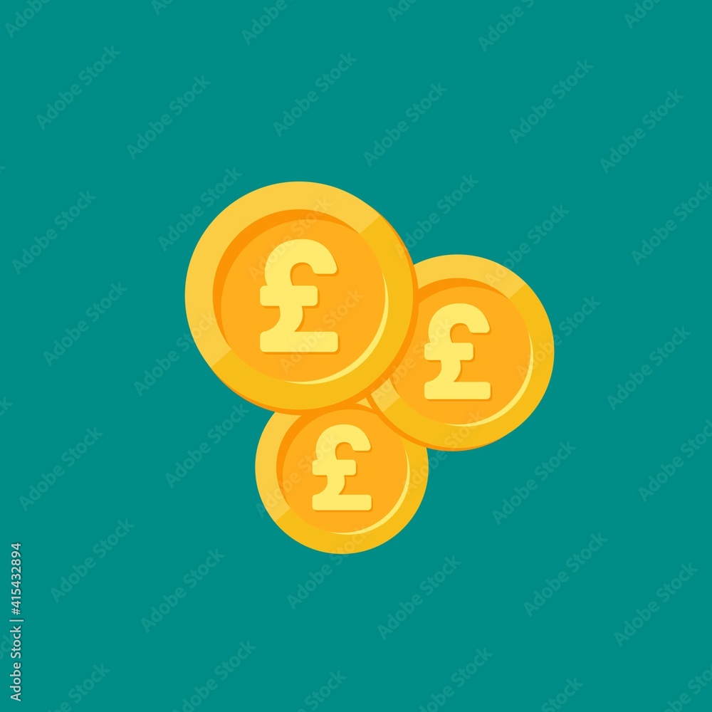 Gold pound sterling coins on turquoise background. Flat vector illustration. Gold pound sterling coins on turquoise background. Flat vector illustration.