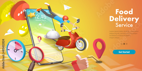 3D Isometric Flat Vector Conceptual Illustration of Restaurant and Cafe Online Food Ordering Mobile Service, Takeaway Food Online.