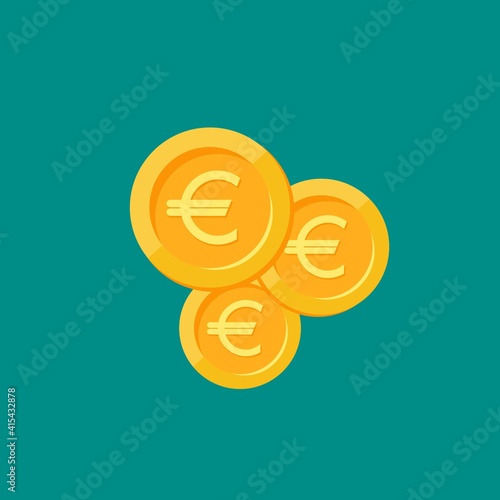 Stack of golden euro coins. Flat gold icon. Isolated on blue. Economy, finance, money pictogram.