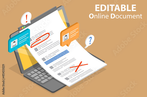 3D Isometric Flat Vector Conceptual Illustration of Editable Online Document, Text Editing Together.