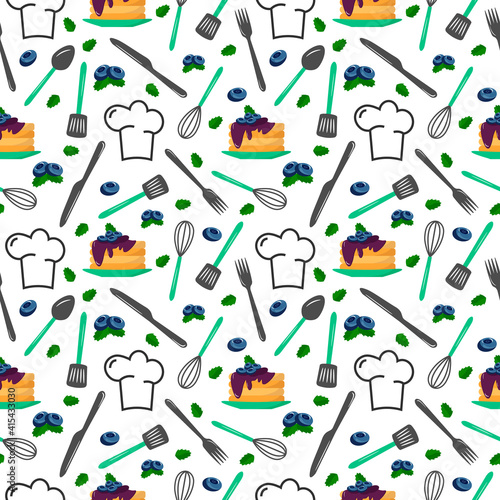 Pattern with pancakes and blueberries, kitchen tools and a chefs hat. Food preparation illustration. Vector illustration isolated on white background. For use in fabrics, packaging, scrapbooking and