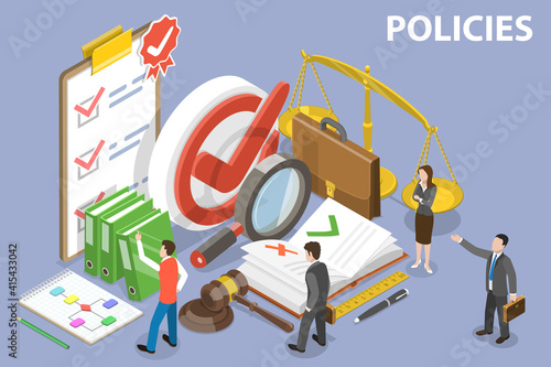 3D Isometric Flat Vector Conceptual Illustration of Policies, Regulatory Compliance and Standards.