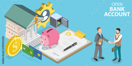 3D Isometric Flat Vector Conceptual Illustration of Open Bank Account, Financial Services.