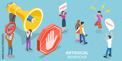 3D Isometric Flat Vector Conceptual Illustration of Antisocial Aggressive Behaviour.