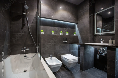 bathroom interior in a modern style  dark color  real apartment