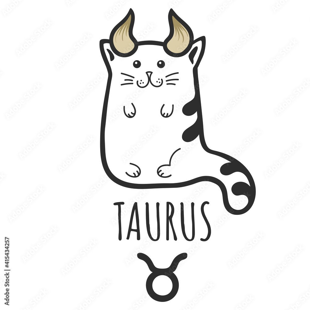 Taurus sign of the zodiac, Cat zodiac, Astrological Sign. Cat horoscope. Zodiac of pets. The hand drawing is isolated on a white background Taurus sign of the zodiac, Cat zodiac, Astrological Sign. Cat horoscope. Zodiac of pets. The hand drawing is isolated on a white background