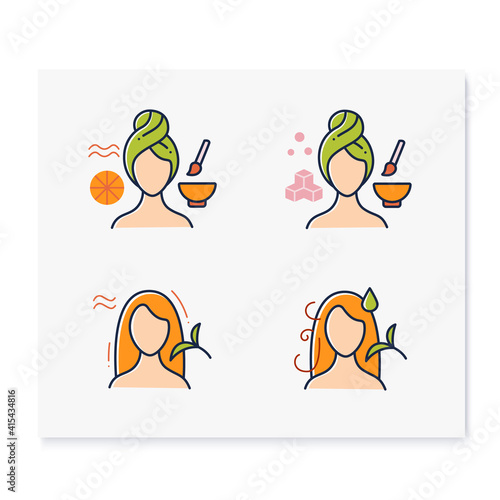 DIY natural skincare color icons set. Consists of facial masks, hair care. Facial beauty treatment. Organic care concept. Isolated vector illustrations