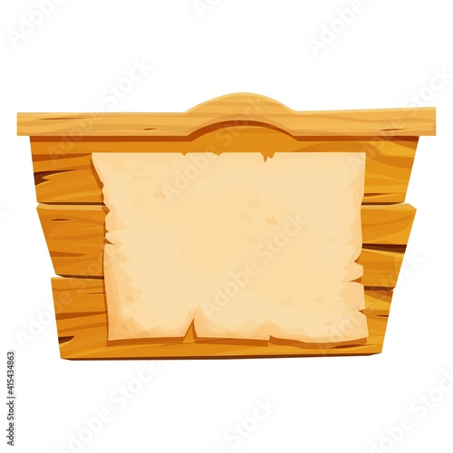 Banner from wood planks with piece of paper, parchment in cartoon style, wild west frame, board Isolated on white background. Ui game assets, empty textured wooden desk. 