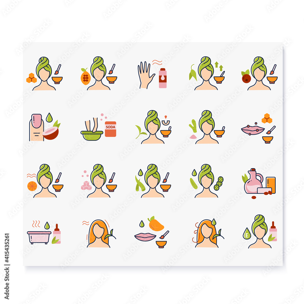 DIY natural skincare color icons set. Consists of facial masks, hair care, lip care, essential oil bath etc. Facial beauty treatment. Organic care concept. Isolated vector illustrations DIY natural skincare color icons set. Consists of facial masks, hair care, lip care, essential oil bath etc. Facial beauty treatment. Organic care concept. Isolated vector illustrations
