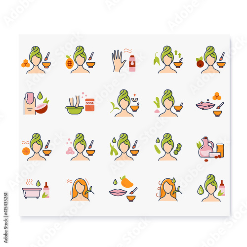 DIY natural skincare color icons set. Consists of facial masks, hair care, lip care, essential oil bath etc. Facial beauty treatment. Organic care concept. Isolated vector illustrations