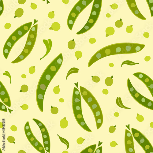 Vector seamless pattern with green peas and pod. Trendy hand drawn vector pattern for stationery, cards, web and phone cases. Summer vegetable background. Healthy food, vegan illustration.