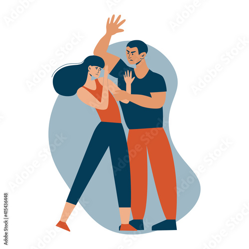 Stop domestic violence. Social issues, abuse and agression on women, harassment and bullying. Violence against woman. Man hitting his wife. Flat illustration, isolated on a white background.