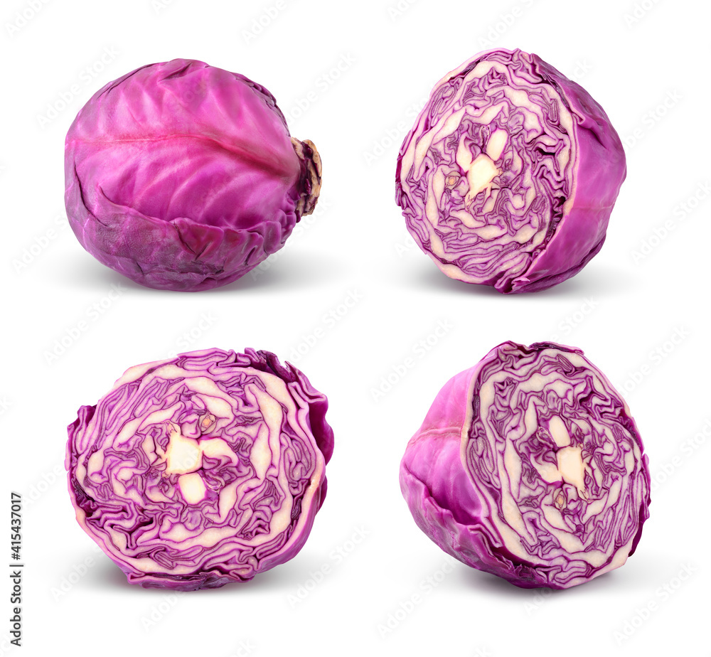 Red cabbage. Whole and half. Isolated on white background. Set. Collection. Red cabbage. Whole and half. Isolated on white background. Set. Collection.