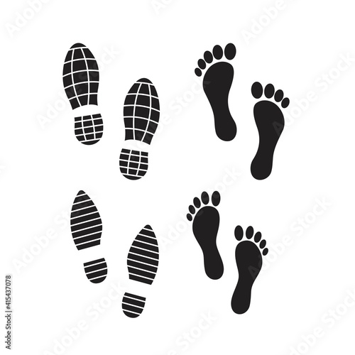 Collection of footprints shoes human walking and shoe sole feet footsteps people. Footsteps icon or sign for print, isolated on white background - vector design