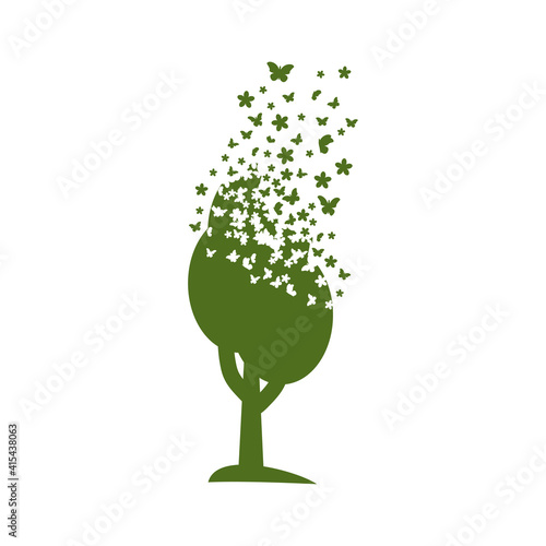 Tree dispersing into a cloud of flowers and butterflies