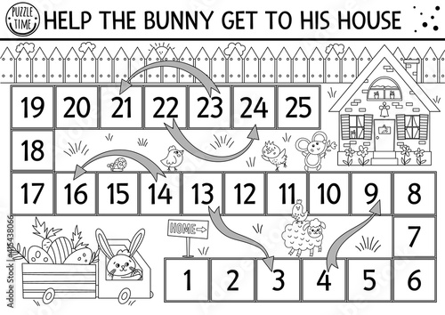 Easter black and white dice board game for children with cute bunny in the truck with eggs driving to his house. Outline holiday boardgame. Spring activity. Printable worksheet or coloring page
