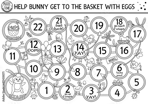 Easter black and white dice board game for children with cute bunny and basket with eggs. Outline holiday boardgame with traditional symbols. Spring activity. Printable coloring page 
