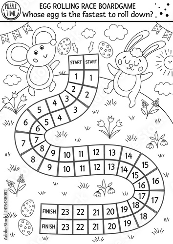 Easter black and white egg rolling race board game for children with cute bunny. Outline holiday dice boardgame with eggs. Traditional spring activity. Printable worksheet or coloring page