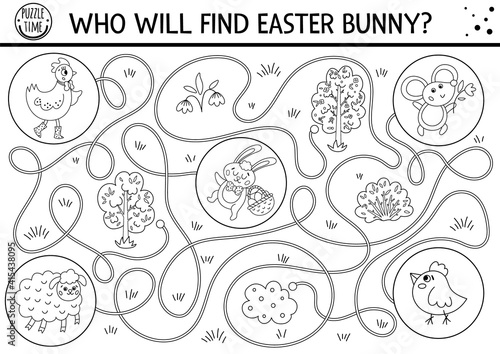 Easter black and white maze for children. Holiday preschool printable educational activity. Outline spring garden game or coloring page with cute animals. Who will find Easter bunny  